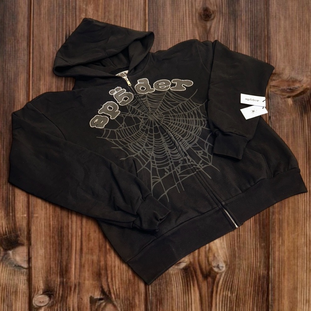 Black Web Gem Spider Zip Up Hoodie